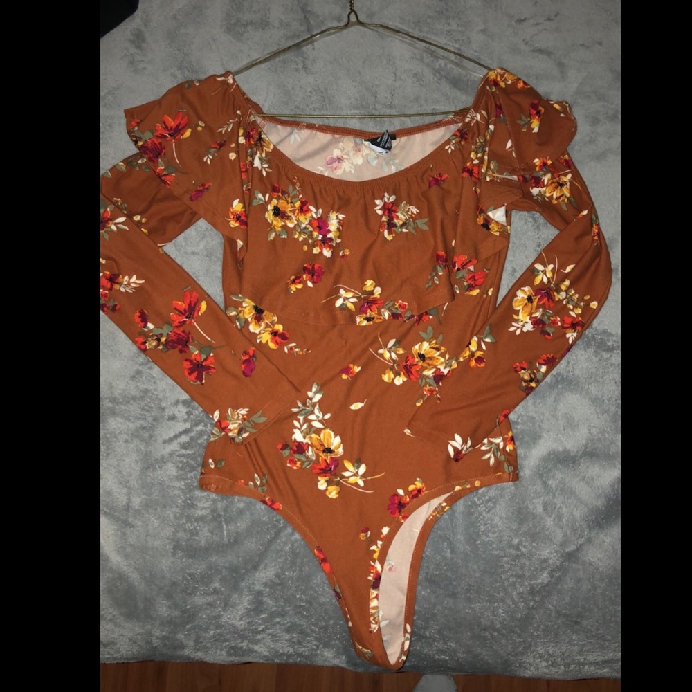 Orange flower ruffle long sleeve bodysuit